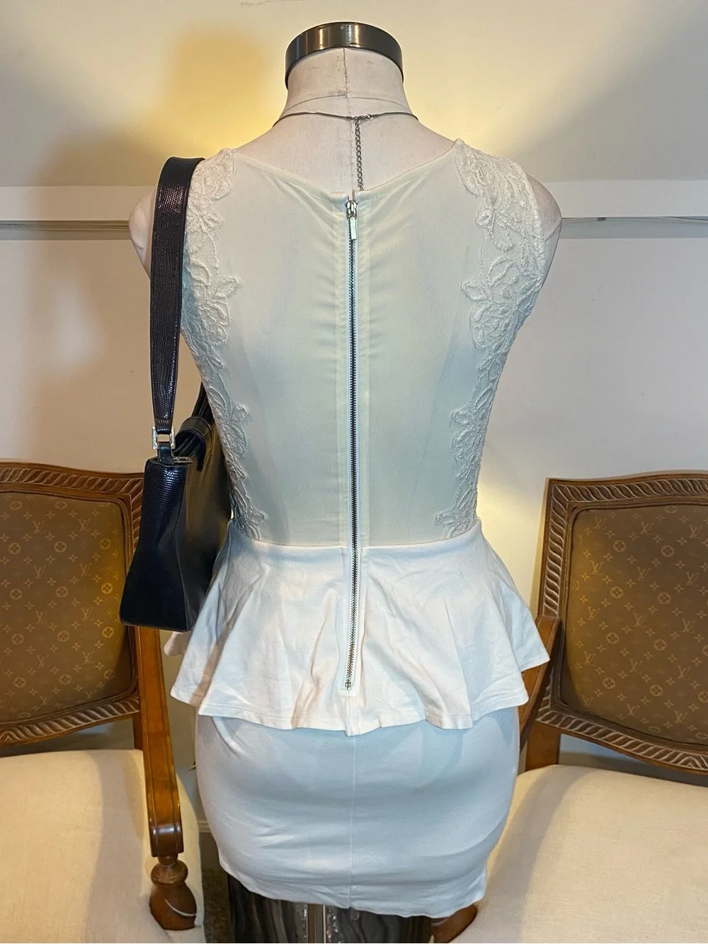Vintage bebe Cream Lace Peplum Mini Dress